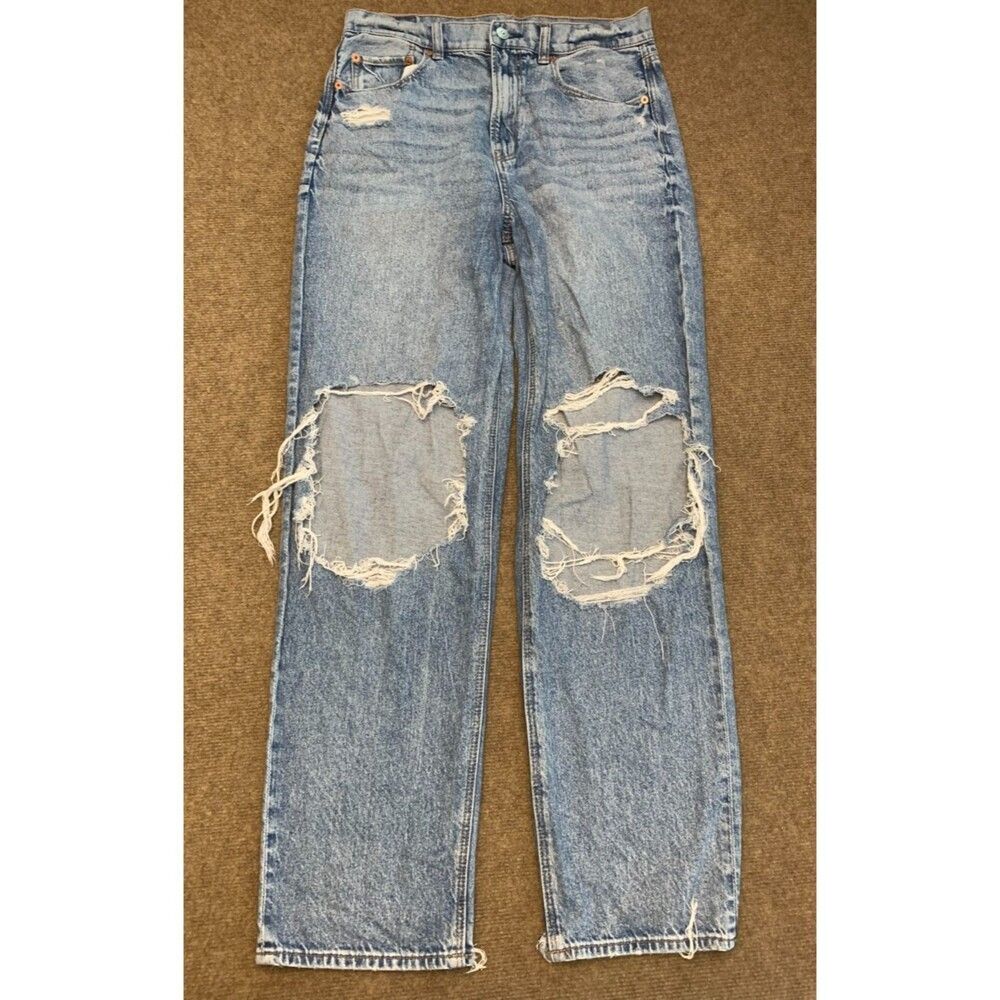 American Eagle Jeans Womens 10 High Rise Baggy Straight Distressed Ripped Denim